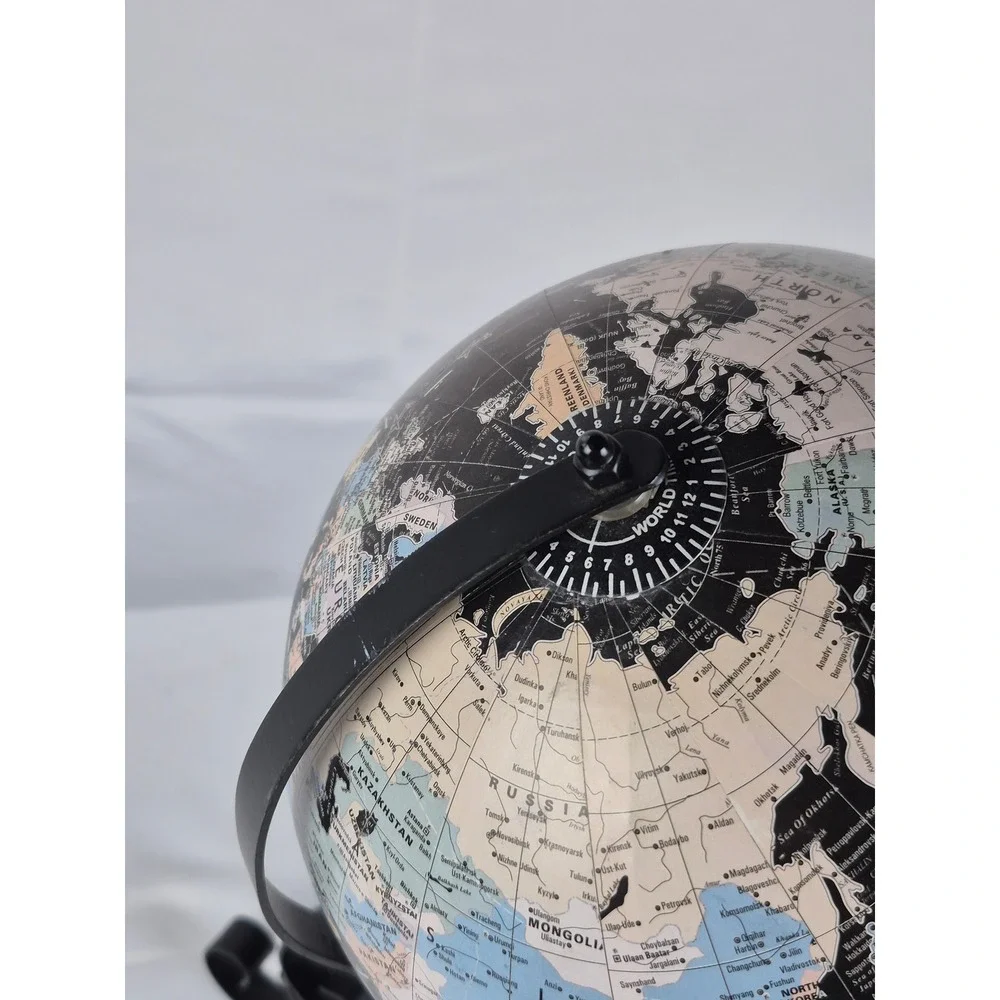 Vintage Tilted Black Ocean Globe USSR Yugoslavia Serbia Wrought Iron Stand 16